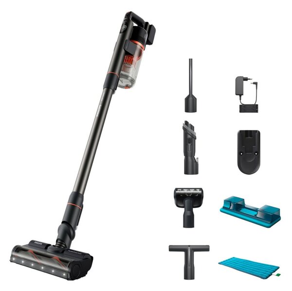 Прахосмукачка Philips XC7055/01, вертикална/ръчна, безжична, 600 ml капацитет на контейнера, до 80 минути време на работа, PowerCyclone 12, 5-степенна филтрация, черна