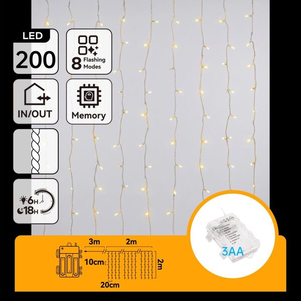 Aigostar - LED външен коледен гирлянд 200xLED/8 функции 3xAA 5x2m IP44 топла бяла