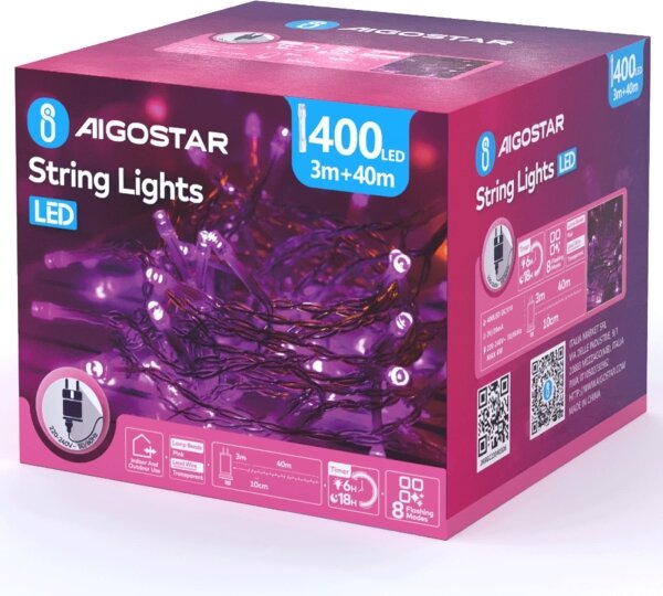 Aigostar - LED Външна коледна гирлянда 400xLED/8 функции 43m IP44 розова