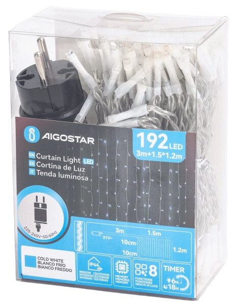 Aigostar-LED Външна коледна гирлянда 192xLED/8 функции 4,5x1,2m IP44 студено бяла