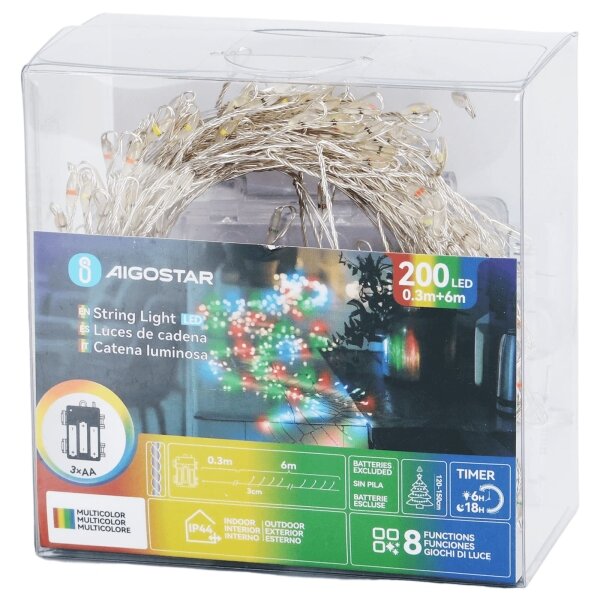 Aigostar - LED външна коледна гирлянда 200xLED/8 функции 3xAA 6,3m IP44 многоцветна