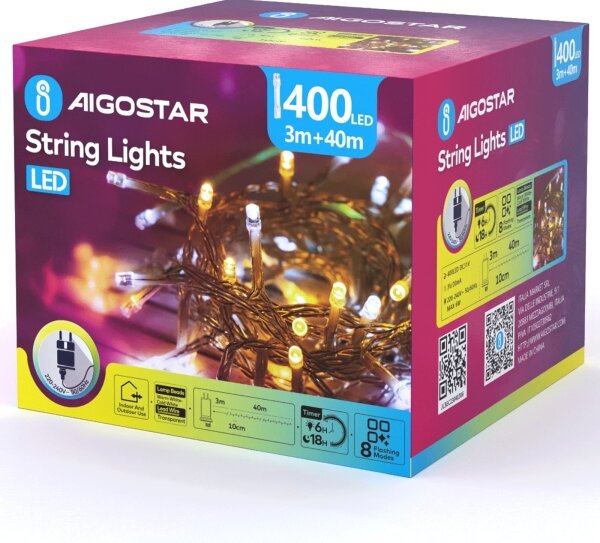 Aigostar - LED външна коледна гирлянда 400×LED/8 функции 43m IP44 топла/студена бяла