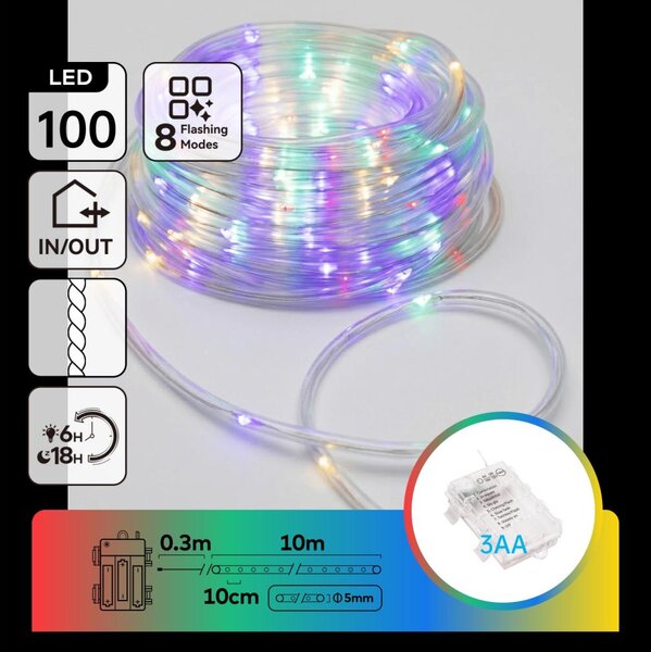 Aigostar-LED външна коледна гирлянда с 100 LED, 8 режима, 3xAA, 10,3m, IP44, многоцветна