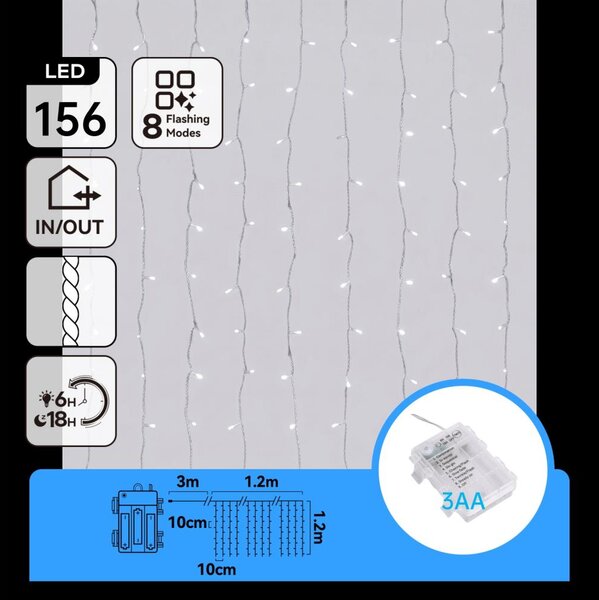 Aigostar-LED Външна коледна гирлянда 156xLED/8 функции 3xAA 4,2x1,2m IP44 студено бяло