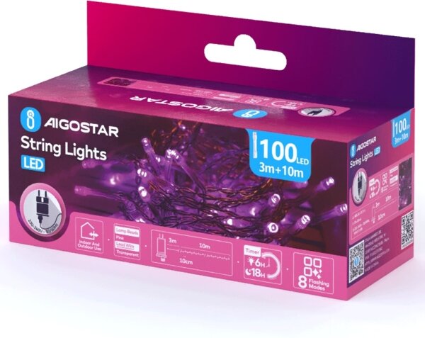 Aigostar - LED Външна коледна гирлянда 100xLED/8 функции 13m IP44 розова
