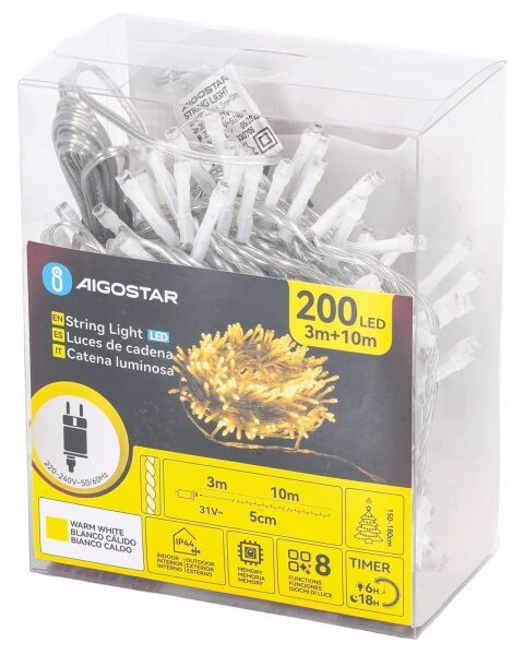 Aigostar - LED външна коледна гирлянда 200xLED/8 функции 13m IP44 топла бяла