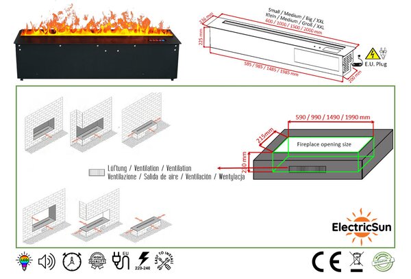 Вградена 3D електрическа камина с водна пара, Led, с приложение, ElectricSun MISTique XXL 200 см