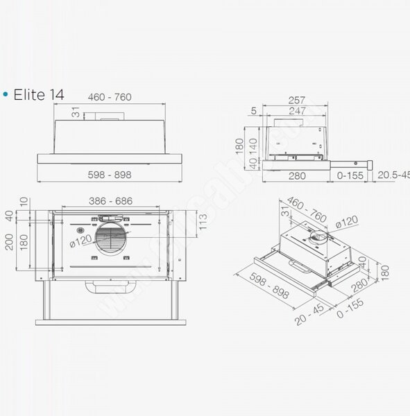 Абсорбатор за вграждане Elica Elite 14 Lux GRVTWH 60, 121 W, 60 см, Клас D, 304 м3/ч, LED осветление, Сив/Бял