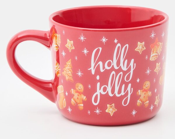 Sinsay - Коледна керамична чаша с мотив на джинджифилови сладки и надпис „Holly Jolly“ - червeн