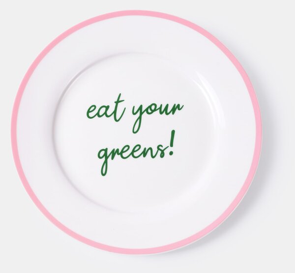Sinsay - Керамична чиния с надпис "eat your greens!" и розов ръб - пастелнорозово