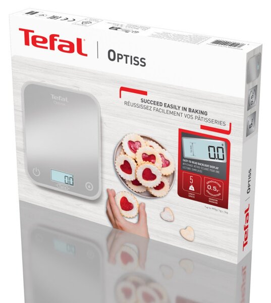 Кухненска везна Tefal Optiss BC50D6V0, До 5 кг, ТАРА, LCD, Стъкло, Големи цифри, Сив/декоративен десен