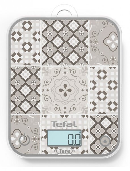 Кухненска везна Tefal Optiss BC50D6V0, До 5 кг, ТАРА, LCD, Стъкло, Големи цифри, Сив/декоративен десен