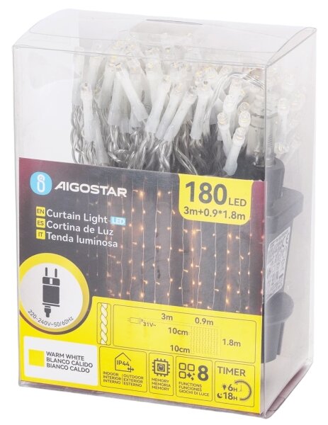 Aigostar - LED външен коледен гирлянд 180xLED/8 функции 3,9x1,8m IP44 топло бяло