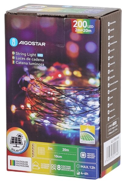 Aigostar - Соларен LED гирлянд 200 LED / 8 режима, 22 м, IP65, мултицветен, 800 mAh