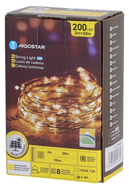 Aigostar - соларна LED гирлянда, 200 LED, 8 режима, 22 m, IP65, топло бяло, 800 mAh