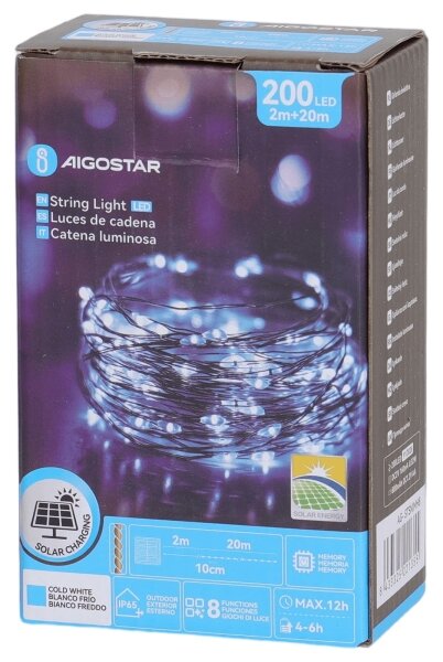 Aigostar - Соларен LED гирлянд 200xLED/8 режима 22m IP65 студена бяла светлина 800 mAh