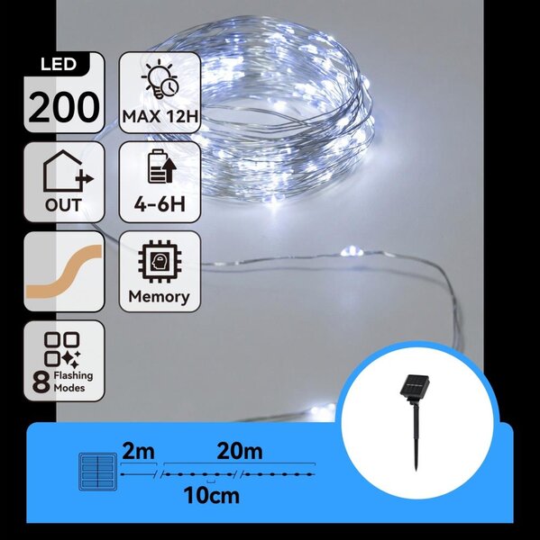 Aigostar - Соларен LED гирлянд 200xLED/8 режима 22m IP65 студена бяла светлина 800 mAh