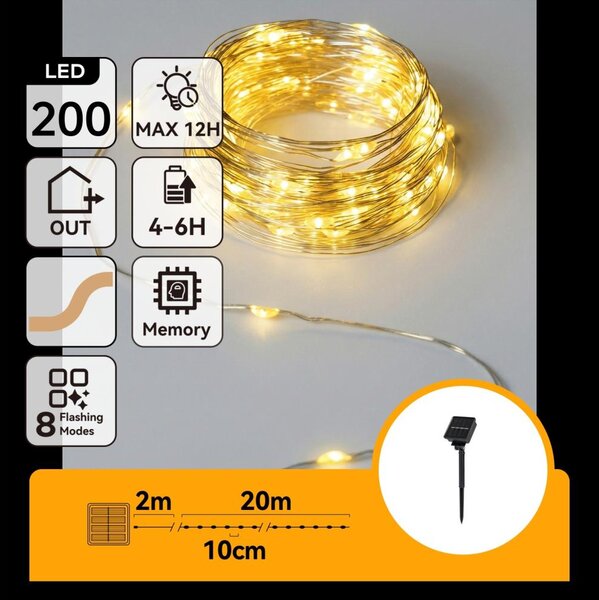 Aigostar - соларна LED гирлянда, 200 LED, 8 режима, 22 m, IP65, топло бяло, 800 mAh
