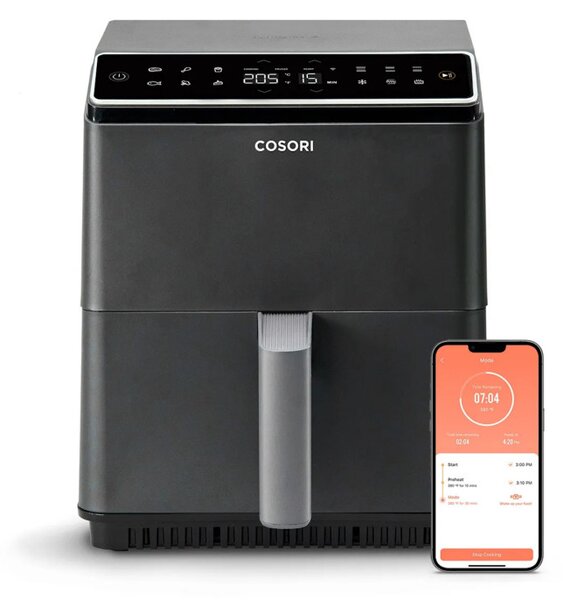 Фритюрник с горещ въздух Cosori Dual Blaze CAF-P681S, 1700 W, 6.4 л, 12 програми, 360 ThermoIQ, Двойни нагреватели, Черен