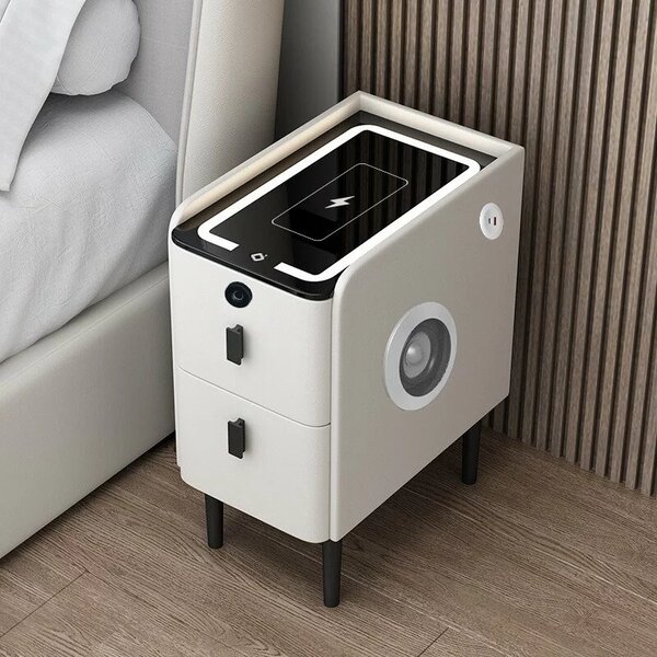 Тънко интелигентно нощно шкафче с безжично зареждане, LED осветление, Bluetooth високоговорител, USB и Type-C портове и система с пръстов отпечатък – бял цвят, 2 чекмеджета, модерен дизайн от стъкло и дърво