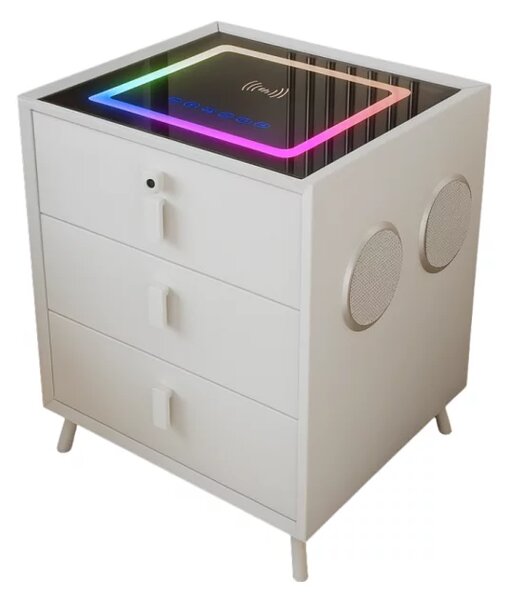 Интелигентно нощно шкафче с безжично зареждане и LED осветление – цвят: бял, 3 чекмеджета за съхранение, Bluetooth високоговорител