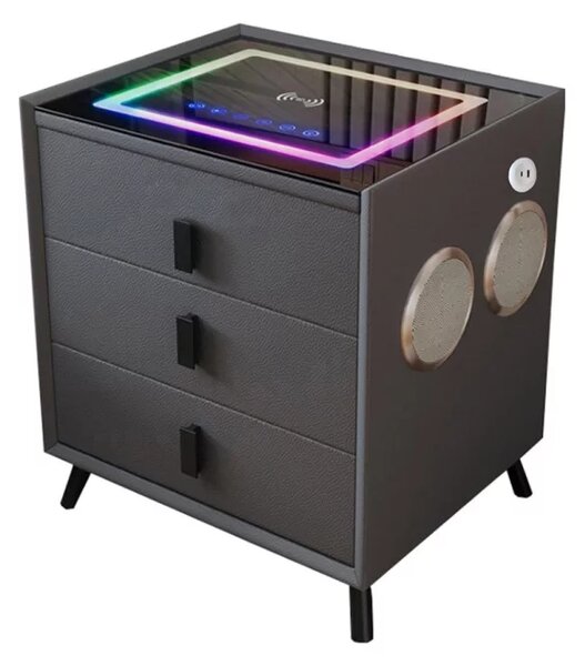 Интелигентно нощно шкафче с безжично зареждане и LED осветление – цвят: антрацит сив, 3 чекмеджета за съхранение, Bluetooth високоговорител
