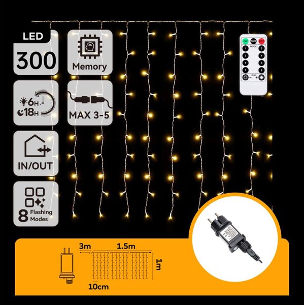 Aigostar - външна LED коледна гирлянда 300xLED/6W/230V/8 функции 3x1m IP44 топло бяло+дистанционно управление