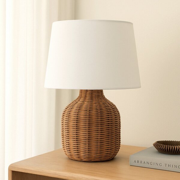 Lindby настолна лампа Lirenda, височина 52 cm, ратан, натурален/бял, Дърво, Дневна/трапезария, Плат / текстил, Скандинавски