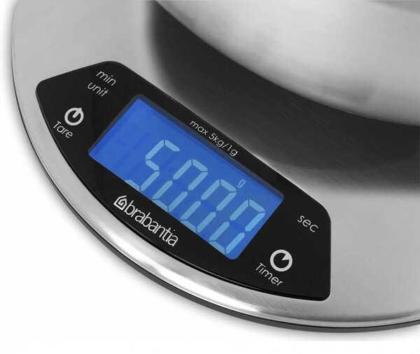 Кухненска везна Brabantia Profile 646998, До 5 кг, 3 x AAA, ТАРА, Дигитален дисплей, Инокс/Мат