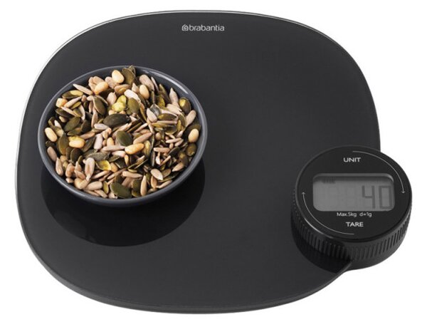 Кухненска везна Brabantia Tasty+ 1001253, До 5 кг, Без нужда от батерии, ТАРА, Дигитален дисплей, Тъмносив