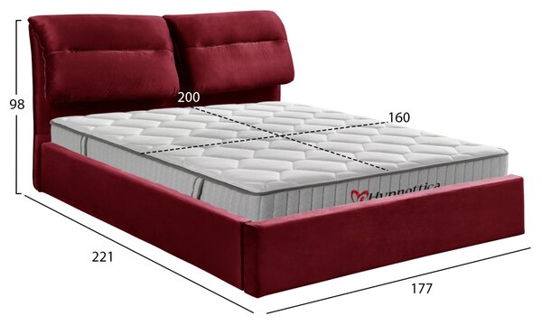 Легло с матрак KENDRA и място за съхранение бордо червено кадифе 160x200см