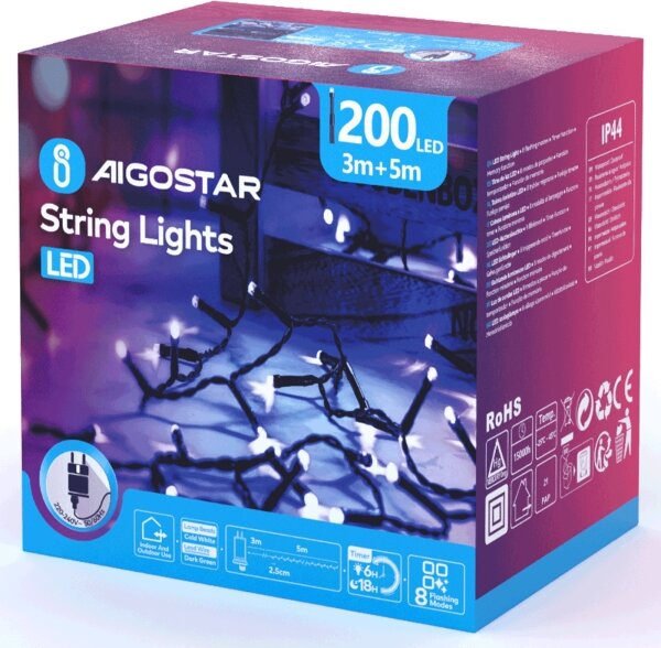 Aigostar - LED външна коледна гирлянда 200xLED/8 функции 8m IP44 студено бяла