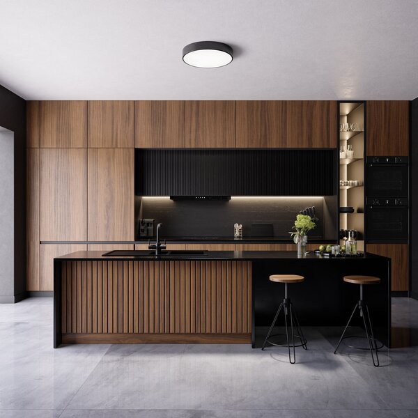 TEMAR LIGHTING Таванна лампа Cleo, Ø 50 cm, IP54, черна, метал, E27, Затъмняване, Черен, Баня, Метал