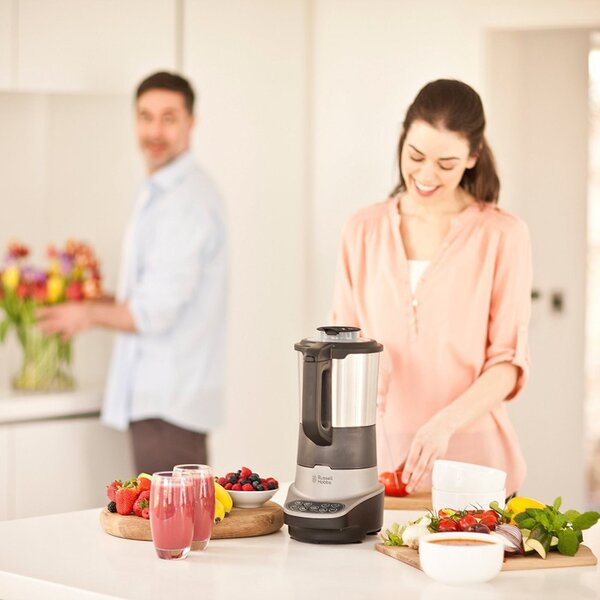 Блендер за супа с нагревател Russell Hobbs Soup & Blend 21480-56, 1200W, 1.75L, 8 програми, Звук, Поддържане на топлина, Черен/инокс