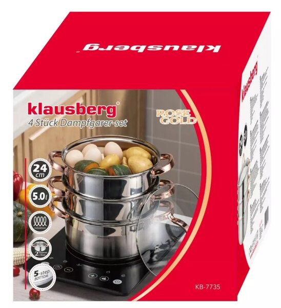 Тенджера за готвене на пара Klausberg KB 7735, 24 см, 5 литра, 4 части, Индукция, Инокс/Розово злато