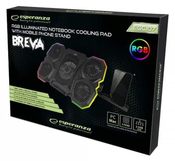 Охладител за лаптоп Esperanza Breva EGC107, 2600-3000 RPM, До 17.3", RGB със 10 режима, Поставка за телефон, USB, Черен