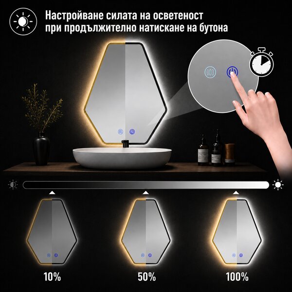 Огледало за баня с LED осветление и функция против изпотяване Марина с Златна рамка