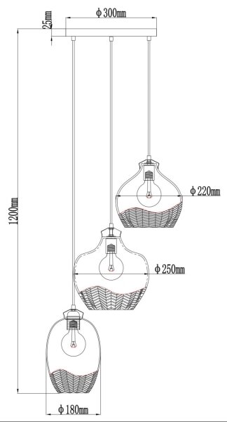 Globo 15898-3HR - Окачен полилей на шнур JESSICA 3xE27/60W/230V Ø 45 см