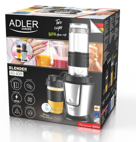 Блендер Adler AD 4081, 800W, 2 купи/бутилки 400/570 ml, 20000 об/мин, 4 остриета от неръждаема стомана, Разбиване на лед, Без BPA, Черен