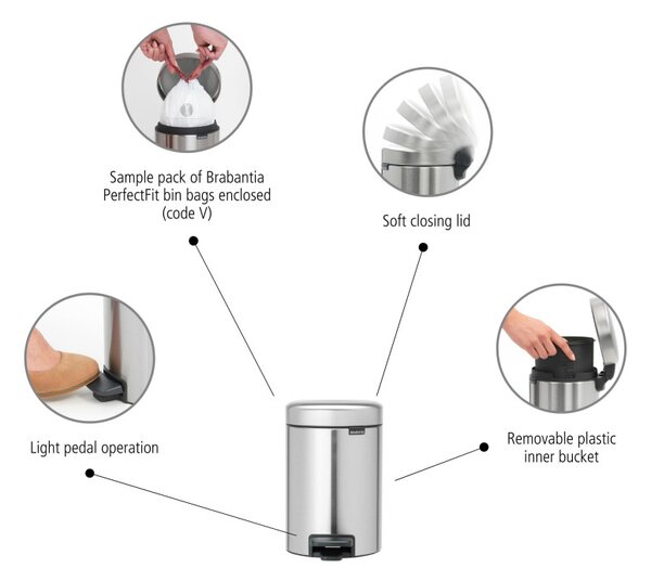 Кош за смет с педал Brabantia NewIcon 649003, 3 л, Леко затваряне, Противоплъзгаща основа, Устойчив на пръстови отпечатъци, Матов Инокс