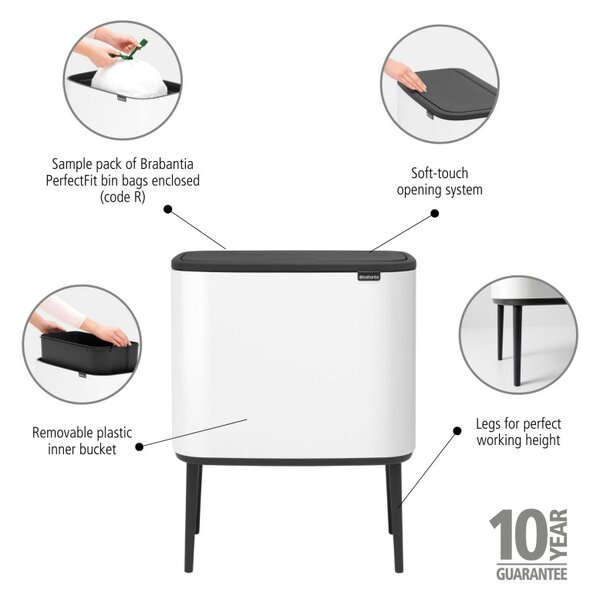 Кош за смет Brabantia Bo Touch 651102, 36 л, Плавно и безшумно отваряне, Голям отвор, Бял