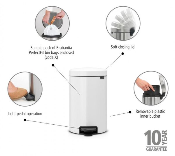 Кош за боклук с педал Brabantia NewIcon 649032, 12 л, Плавно затваряне, Противоплъзгаща основа, Метална вътрешна кофа, Бял