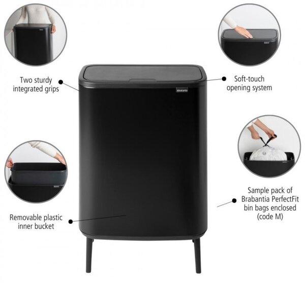 Кош за смет Brabantia Bo Touch Hi 1001260, 60 л, Повдигнат, Плавно и безшумно отваряне, Черен мат