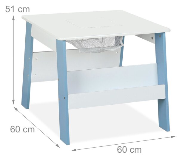 Детска Дървена Маса с 2 Столчета, с контейнер за играчки, конструктори и място за съхранение на книжки - Бяло/Синьо