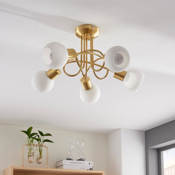 Lindby Лампа за таван Elaina, Ø50cm, 5 светлини, месинг, стъкло, E14, Затъмняване, Злато / месинг, Дневна/трапезария, Стъкло, Модерен