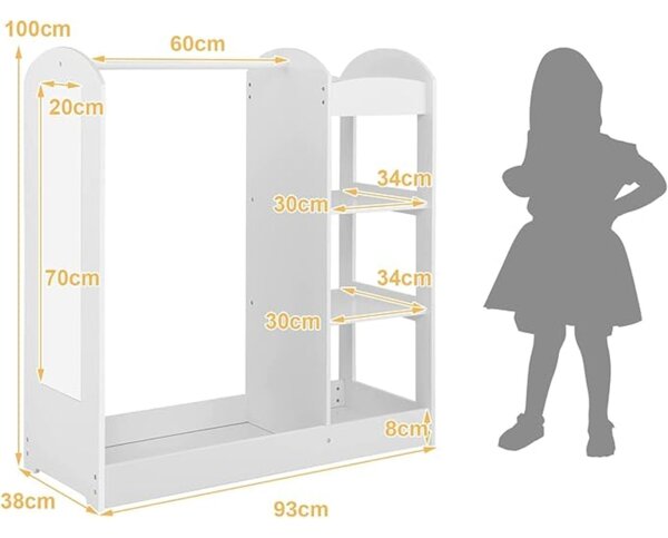 Детска Стойка за Дрехи с Огледало - Отворен Детски Гардероб с Рафтове и Закачалки, Бял, 94x38x100 см