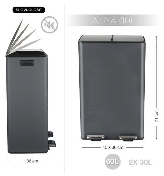 Тъмносиво стоманено кошче за боклук 2x30 l за рециклиране с педал Aliya – Spirella