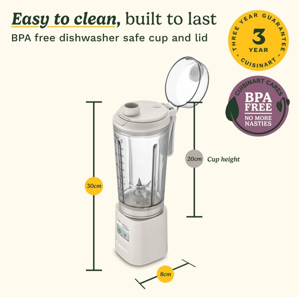 Преносим блендер Cuisinart Blast & Go PBL100E, 120W, 500 мл, 20000 об/мин, 2 режима, Без BPA, USB-C зареждане, Бял