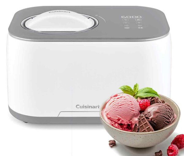 Машина за сладолед Cuisinart Freeze Ease ICE90E, 100W, 0.95 л, 3 програми, Компресор, Бял/сив