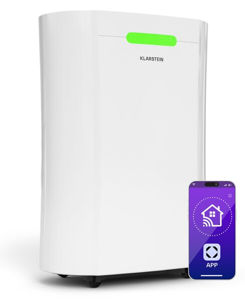 Klarstein Влагоуловител AeroDry Smart 12, 12 л/ден, 30 м², сензор за влажност, управление с приложение, 135 м³/ч
